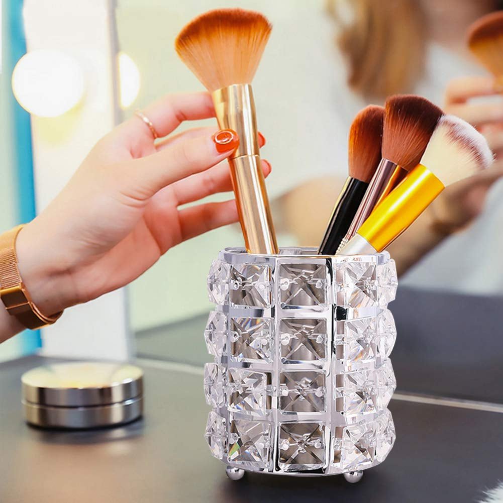 Crystal Makeup Brush Holder Organizer, Handcrafted Cosmetics Brushes Cup Storage Solution (Silver) - Velinare