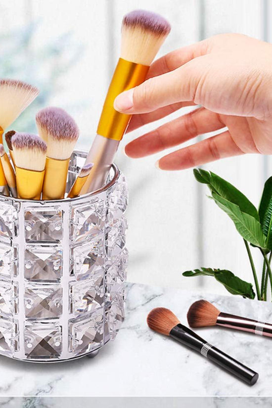 Crystal Makeup Brush Holder Organizer, Handcrafted Cosmetics Brushes Cup Storage Solution (Silver) - Velinare
