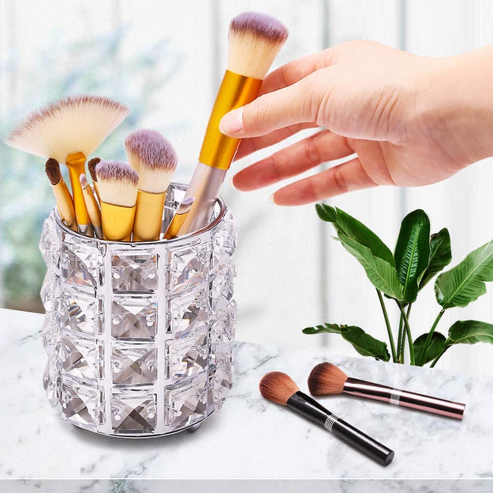 Crystal Makeup Brush Holder Organizer, Handcrafted Cosmetics Brushes Cup Storage Solution (Silver) - Velinare