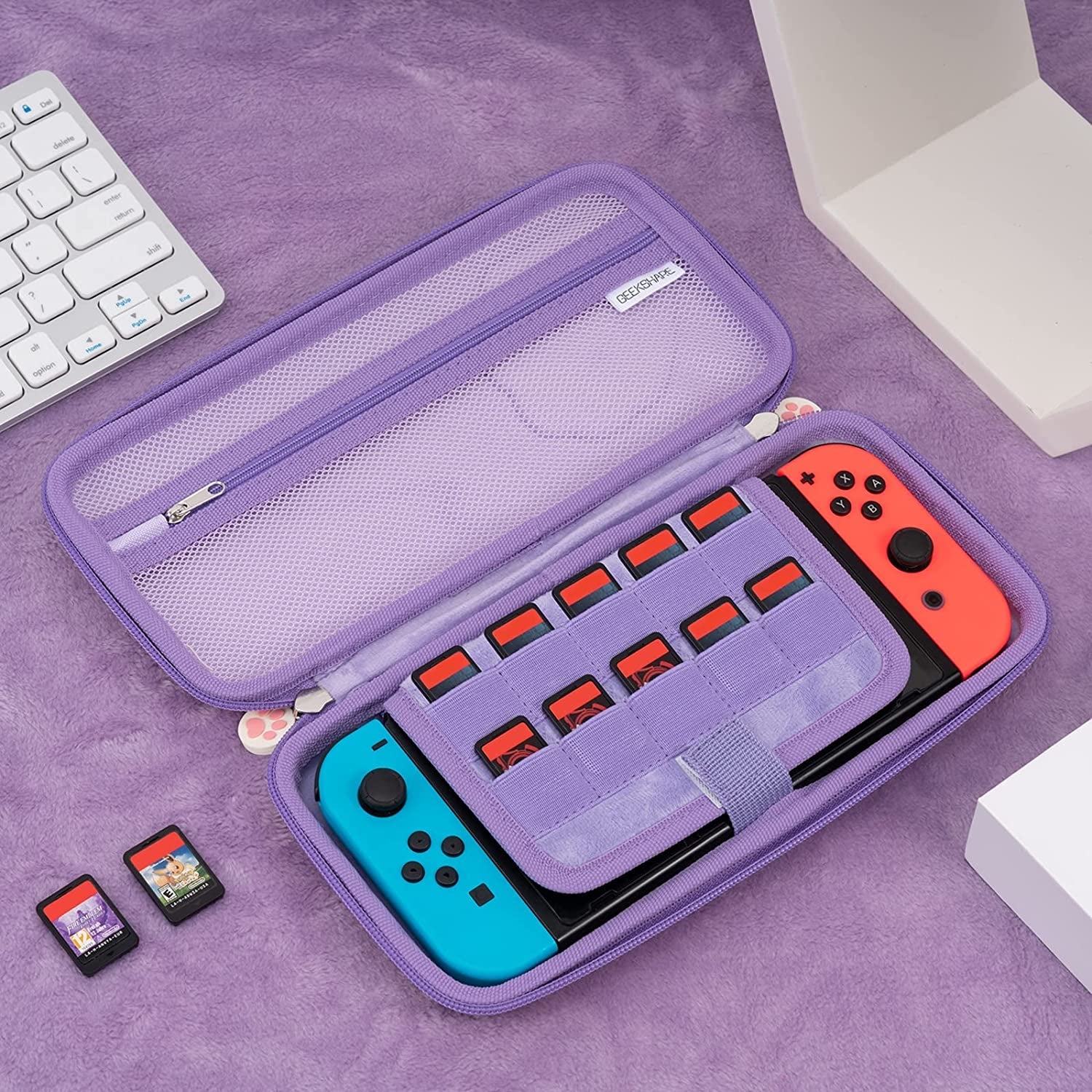 Cute Cat Paw Case Compatible with Nintendo Switch/Switch OLED - Portable Hardshell Slim Travel Carrying Case Fit Switch Console & Game Accessories - a Removable Wrist Strap (Pink Purple) - Velinare