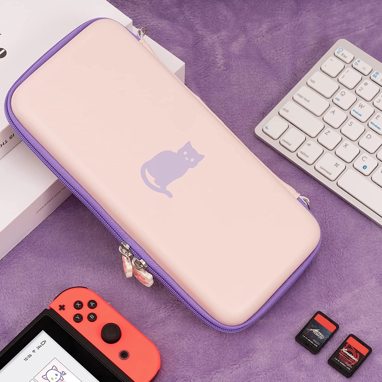 Cute Cat Paw Case Compatible with Nintendo Switch/Switch OLED - Portable Hardshell Slim Travel Carrying Case Fit Switch Console & Game Accessories - a Removable Wrist Strap (Pink Purple) - Velinare
