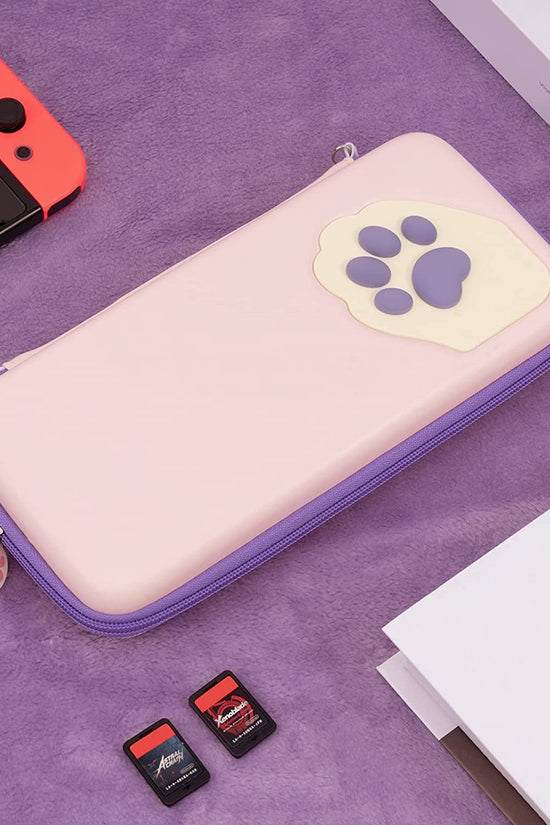 Cute Cat Paw Case Compatible with Nintendo Switch/Switch OLED - Portable Hardshell Slim Travel Carrying Case Fit Switch Console & Game Accessories - a Removable Wrist Strap (Pink Purple) - Velinare