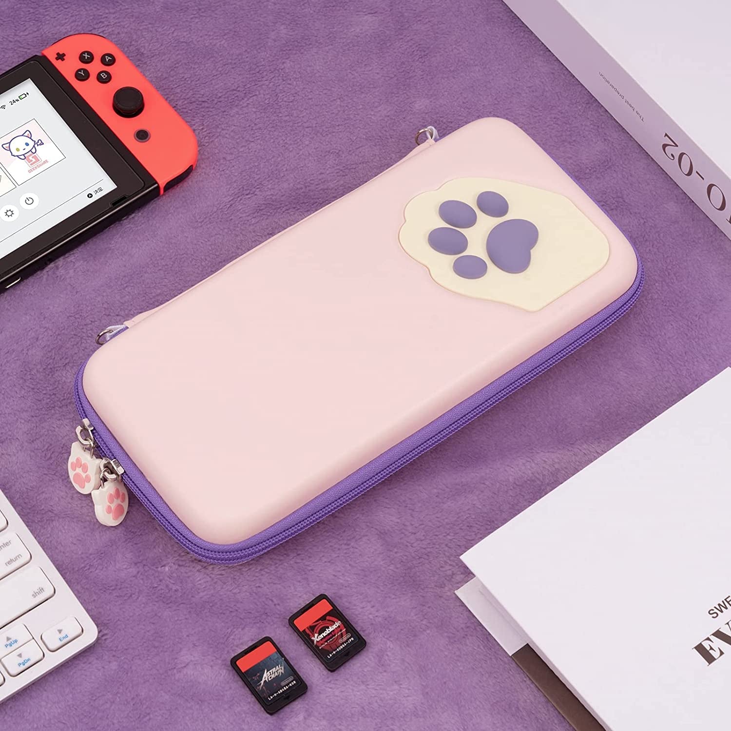 Cute Cat Paw Case Compatible with Nintendo Switch/Switch OLED - Portable Hardshell Slim Travel Carrying Case Fit Switch Console & Game Accessories - a Removable Wrist Strap (Pink Purple) - Velinare