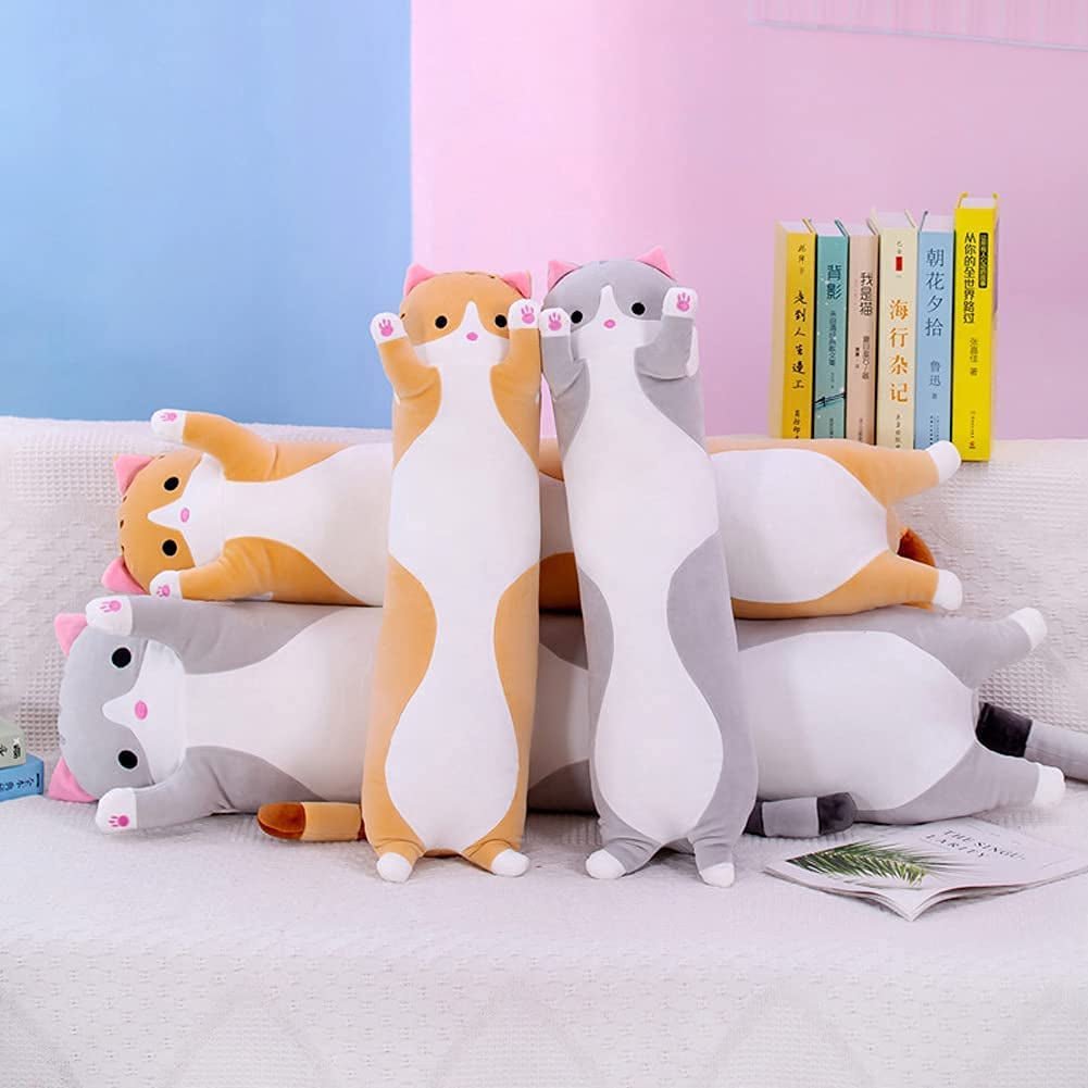 Cute Cat Plush Long Body Pillow Cuddle Cartoon Stuffed Animals Cat Plushie Soft Doll Pillows Gifts for Kids Girls (Orange, 19") - Velinare