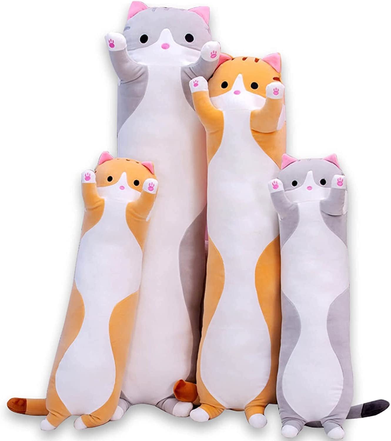 Cute Cat Plush Long Body Pillow Cuddle Cartoon Stuffed Animals Cat Plushie Soft Doll Pillows Gifts for Kids Girls (Orange, 19") - Velinare