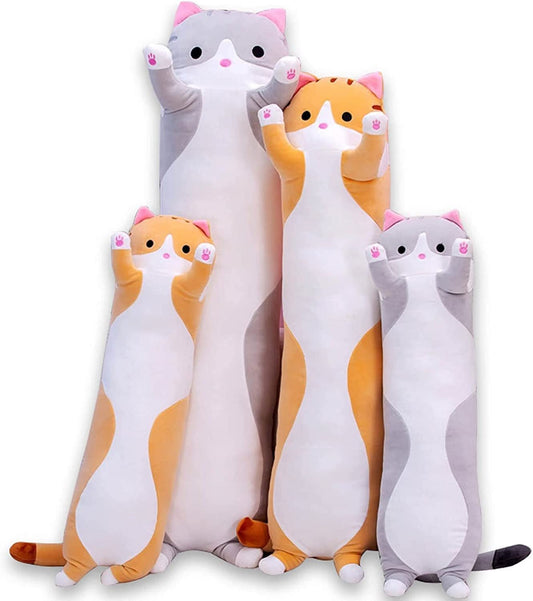 Cute Cat Plush Long Body Pillow Cuddle Cartoon Stuffed Animals Cat Plushie Soft Doll Pillows Gifts for Kids Girls (Orange, 19") - Velinare