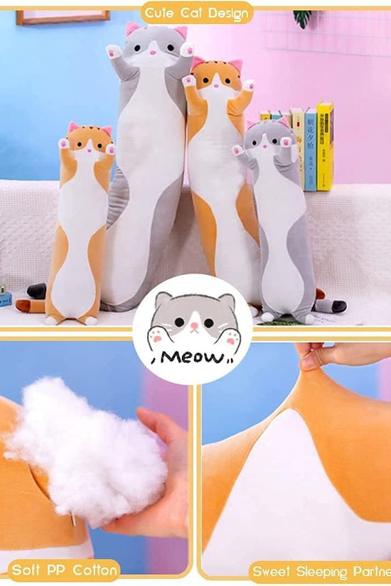 Cute Cat Plush Long Body Pillow Cuddle Cartoon Stuffed Animals Cat Plushie Soft Doll Pillows Gifts for Kids Girls (Orange, 19