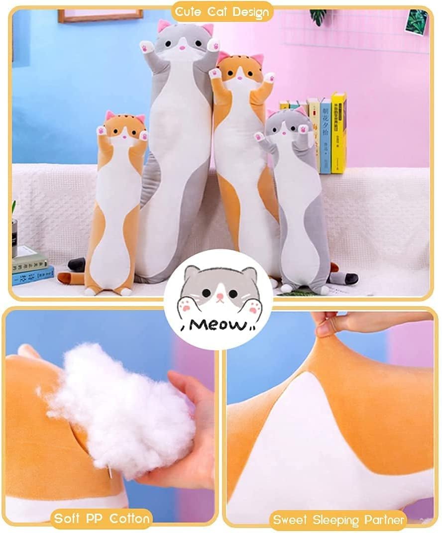 Cute Cat Plush Long Body Pillow Cuddle Cartoon Stuffed Animals Cat Plushie Soft Doll Pillows Gifts for Kids Girls (Orange, 19") - Velinare