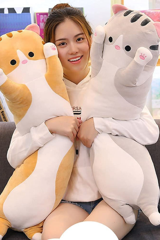 Cute Cat Plush Long Body Pillow Cuddle Cartoon Stuffed Animals Cat Plushie Soft Doll Pillows Gifts for Kids Girls (Orange, 19