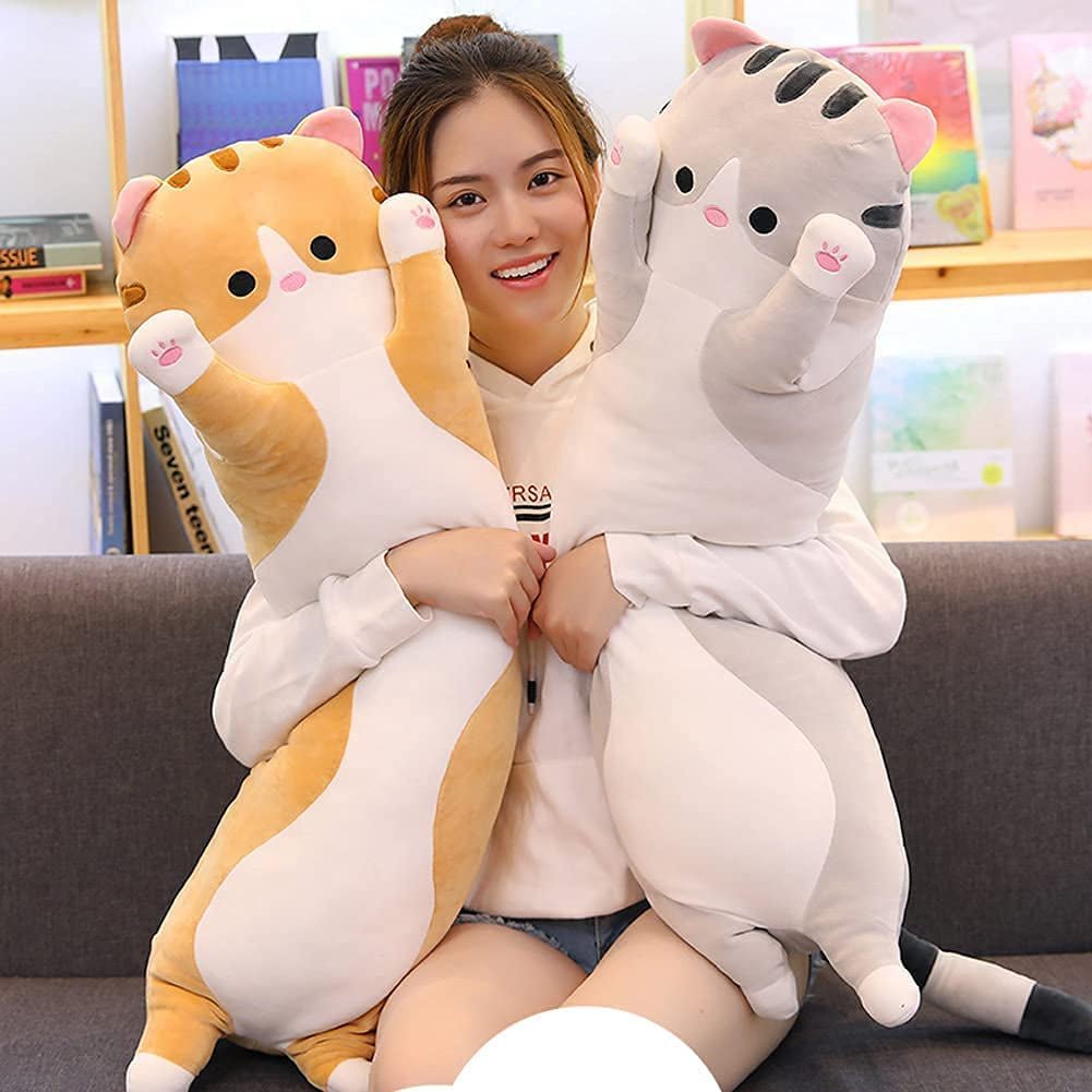 Cute Cat Plush Long Body Pillow Cuddle Cartoon Stuffed Animals Cat Plushie Soft Doll Pillows Gifts for Kids Girls (Orange, 19") - Velinare