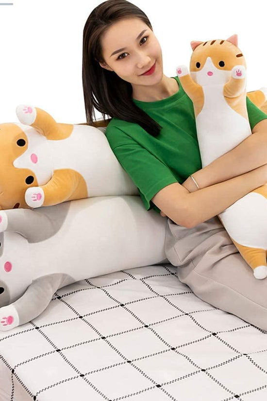 Cute Cat Plush Long Body Pillow Cuddle Cartoon Stuffed Animals Cat Plushie Soft Doll Pillows Gifts for Kids Girls (Orange, 19