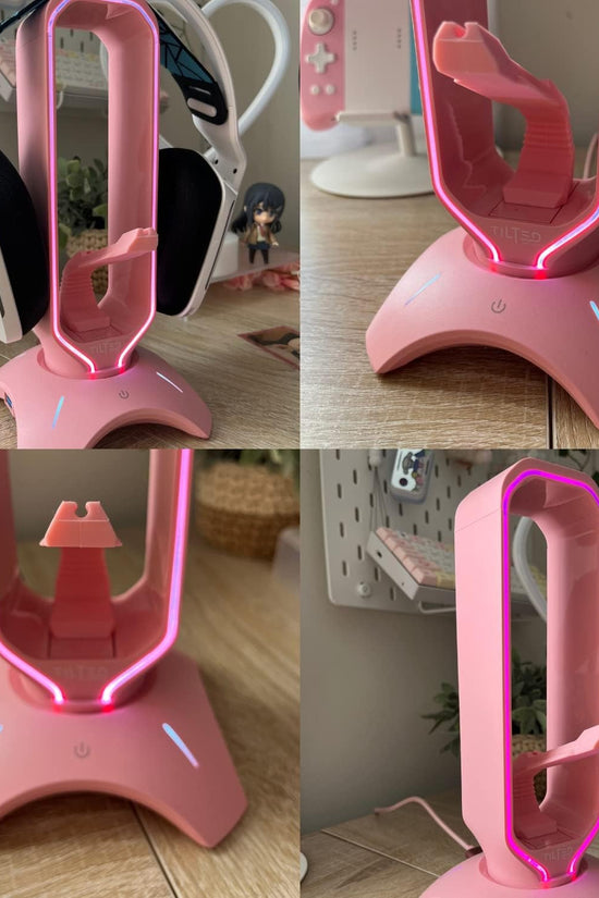 Cute Headphone Stand Pink | Headset Stand with RGB, Mouse Bungee Holder, and 2 Port USB Hub Charger - Desk Gaming Accessories - Velinare
