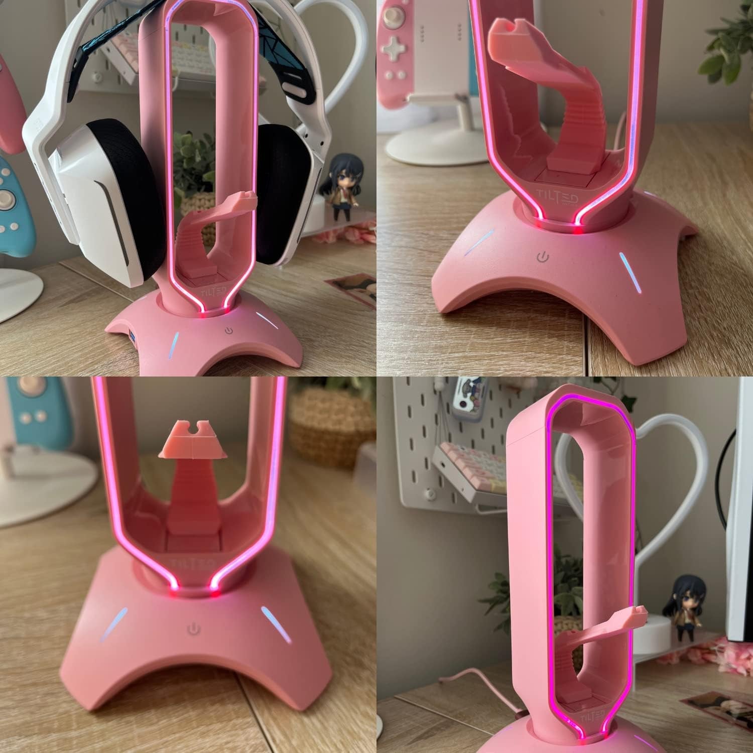 Cute Headphone Stand Pink | Headset Stand with RGB, Mouse Bungee Holder, and 2 Port USB Hub Charger - Desk Gaming Accessories - Velinare
