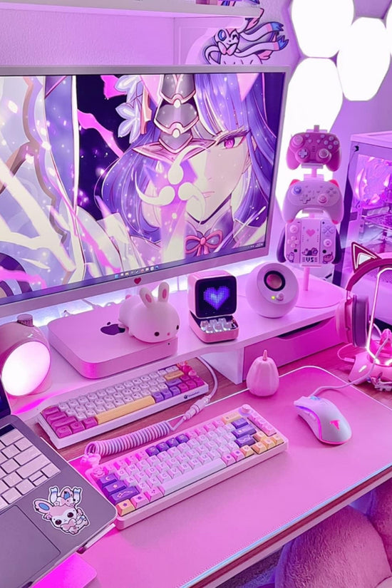 Cute Headphone Stand Pink | Headset Stand with RGB, Mouse Bungee Holder, and 2 Port USB Hub Charger - Desk Gaming Accessories - Velinare