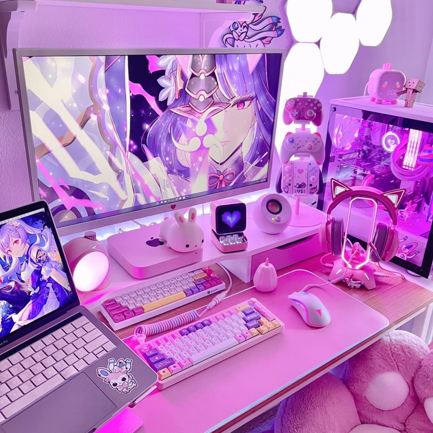 Cute Headphone Stand Pink | Headset Stand with RGB, Mouse Bungee Holder, and 2 Port USB Hub Charger - Desk Gaming Accessories - Velinare