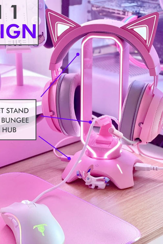 Cute Headphone Stand Pink | Headset Stand with RGB, Mouse Bungee Holder, and 2 Port USB Hub Charger - Desk Gaming Accessories - Velinare