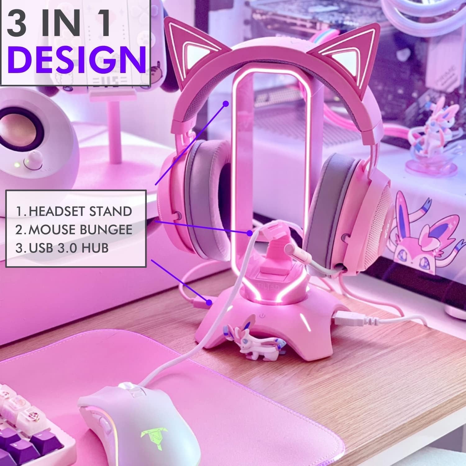 Cute Headphone Stand Pink | Headset Stand with RGB, Mouse Bungee Holder, and 2 Port USB Hub Charger - Desk Gaming Accessories - Velinare