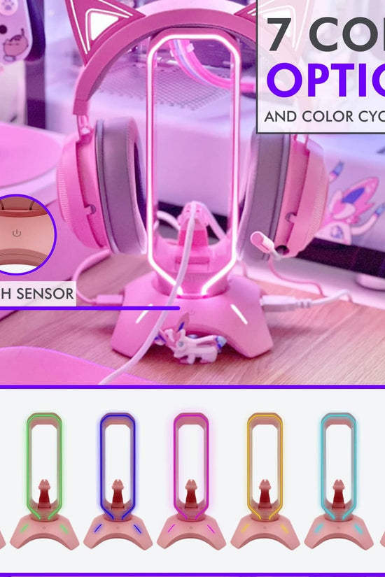 Cute Headphone Stand Pink | Headset Stand with RGB, Mouse Bungee Holder, and 2 Port USB Hub Charger - Desk Gaming Accessories - Velinare