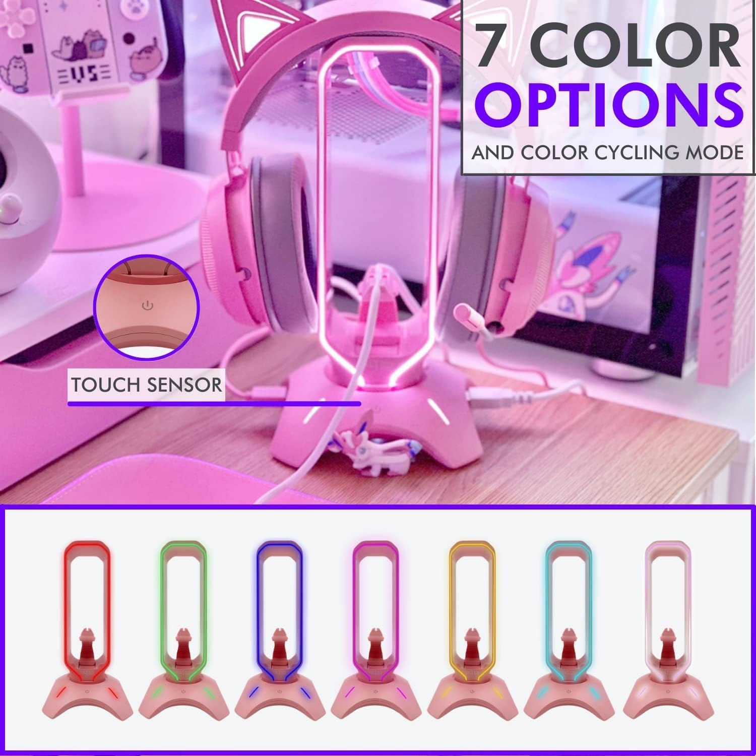 Cute Headphone Stand Pink | Headset Stand with RGB, Mouse Bungee Holder, and 2 Port USB Hub Charger - Desk Gaming Accessories - Velinare