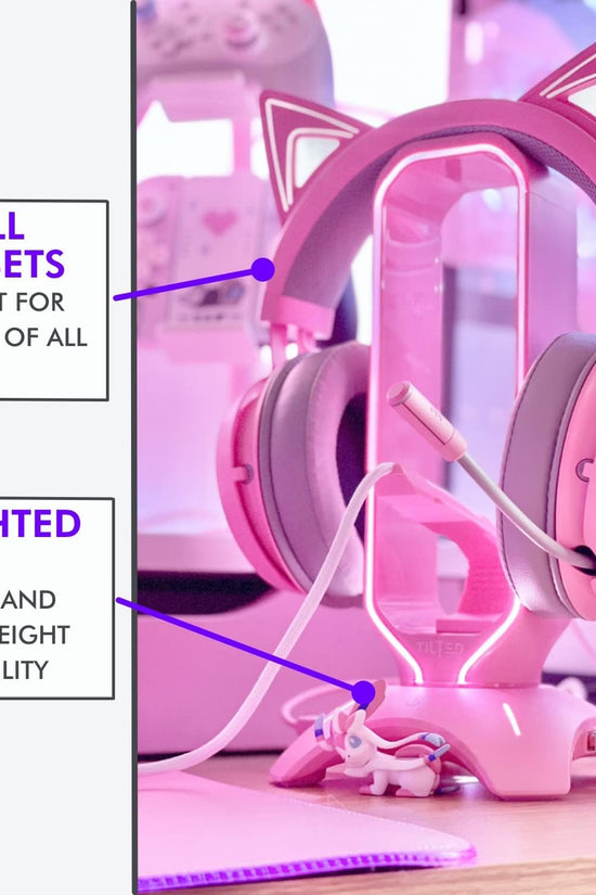 Cute Headphone Stand Pink | Headset Stand with RGB, Mouse Bungee Holder, and 2 Port USB Hub Charger - Desk Gaming Accessories - Velinare