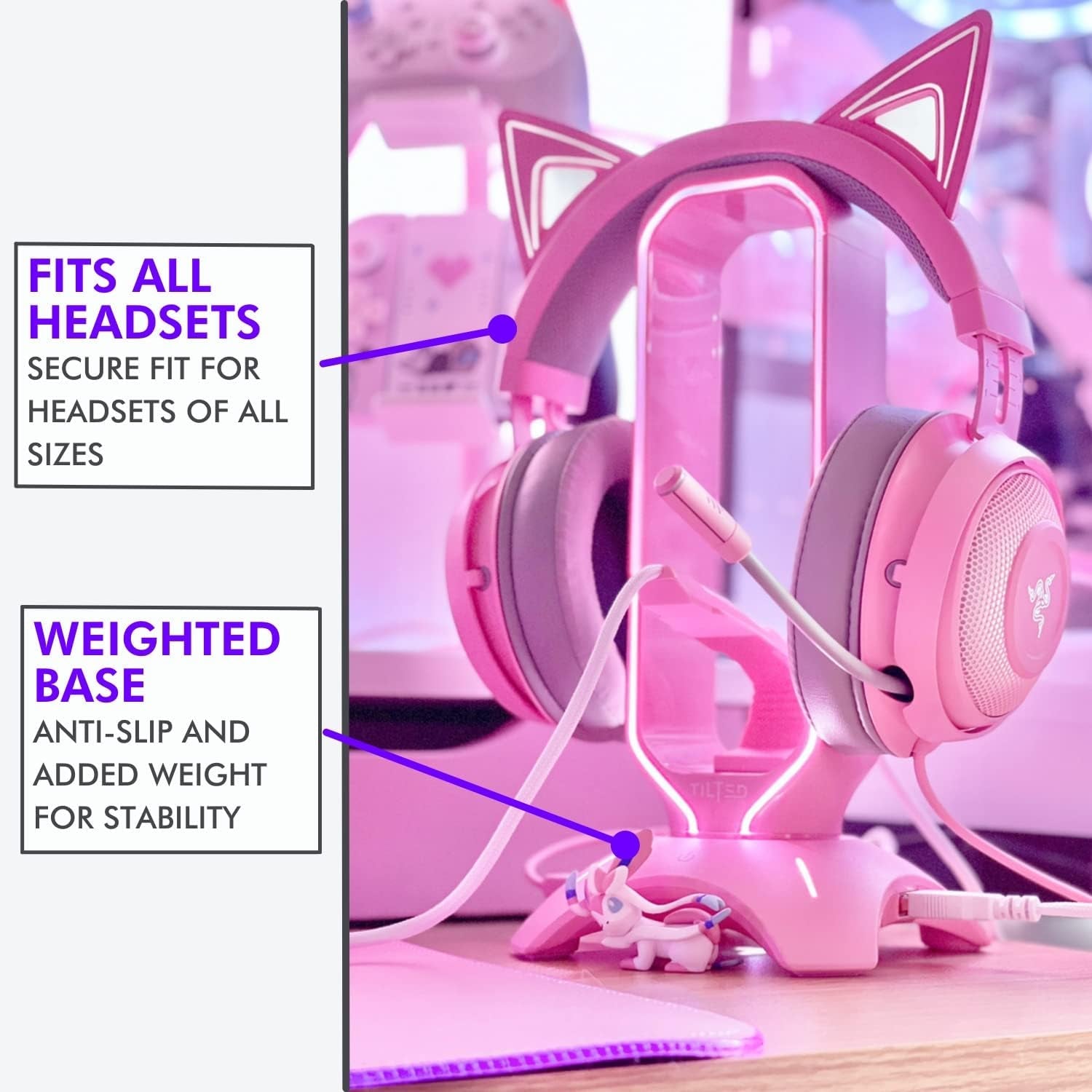 Cute Headphone Stand Pink | Headset Stand with RGB, Mouse Bungee Holder, and 2 Port USB Hub Charger - Desk Gaming Accessories - Velinare