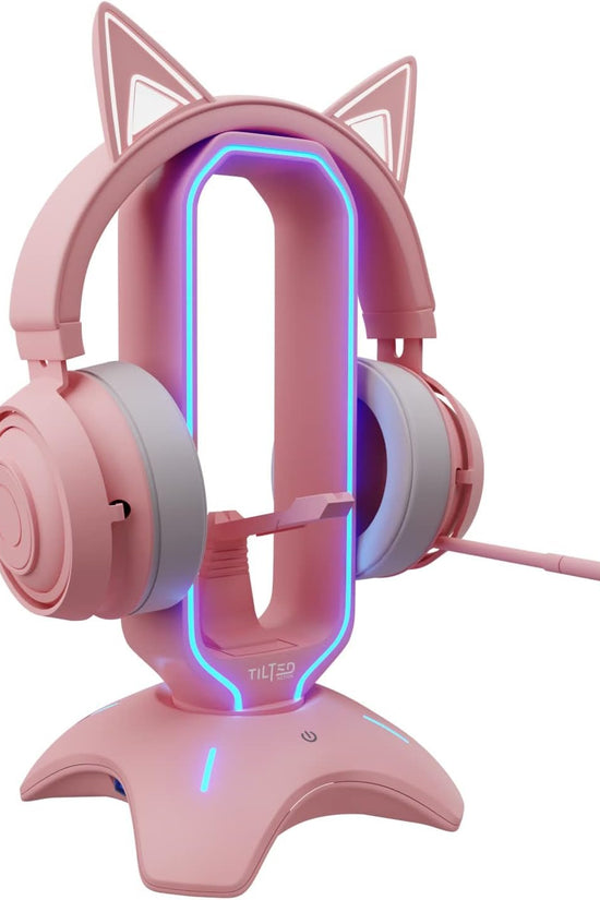 Cute Headphone Stand Pink | Headset Stand with RGB, Mouse Bungee Holder, and 2 Port USB Hub Charger - Desk Gaming Accessories - Velinare