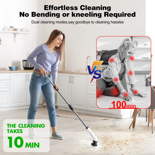 Electric Spin Scrubber, Cordless Bath Tub Power Scrubber with Long Handle & 9 Replaceable Heads, Detachable as Short Handle, Shower Cleaning Scrubber for Tub Floor Tile, Sink, Window, Floor, Car