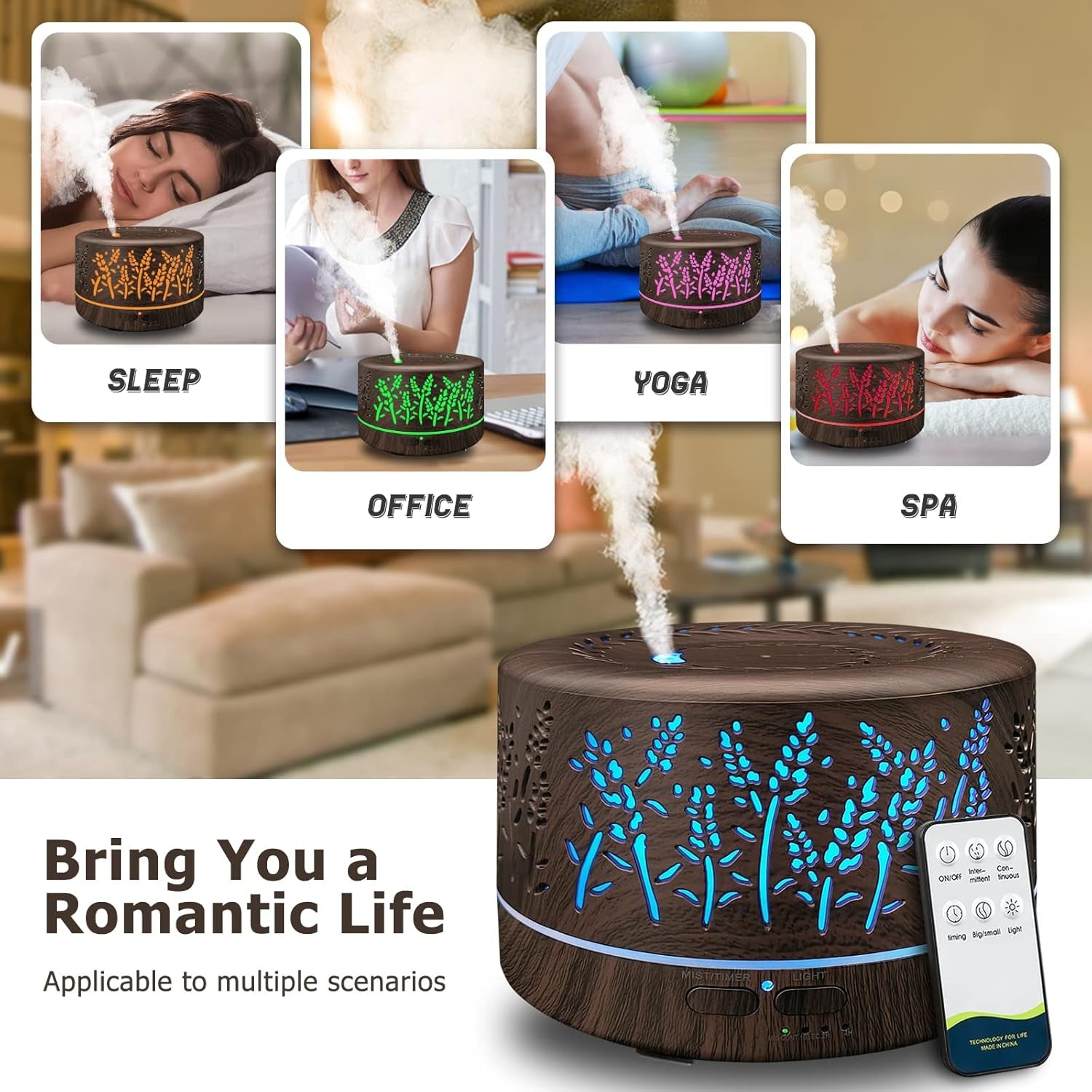 Diffusers for Essential Oils Large Room 600Ml,Essential Oil Diffusers for Home with R/C,Cool Mist Humidifier,7 Colors Lights & 3 Mist Mode Waterless Auto off for Office - Velinare