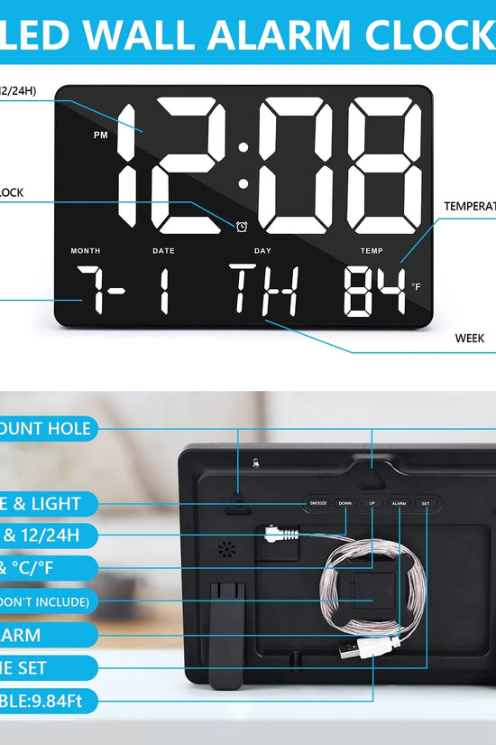 Digital Wall Alarm Clock, LED Digital Clock Large Numbers Display 11.4