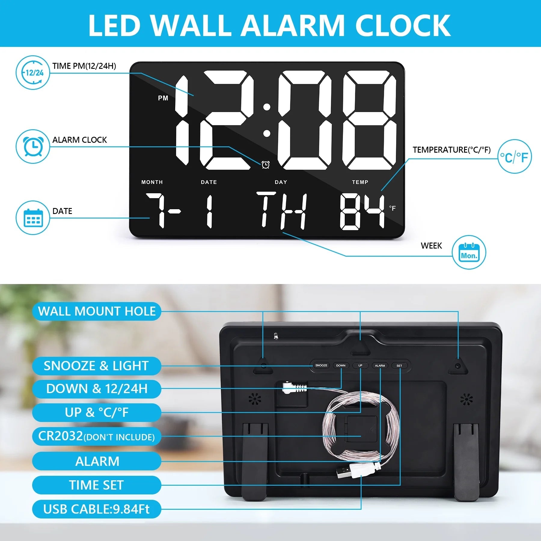 Digital Wall Alarm Clock, LED Digital Clock Large Numbers Display 11.4"Clocks W/ Wireless Remote Control, Oversized Desk Clock W/Date & Temperature, 12/24H, Snooze for Table&Wall Mount Bedroom Office - Velinare