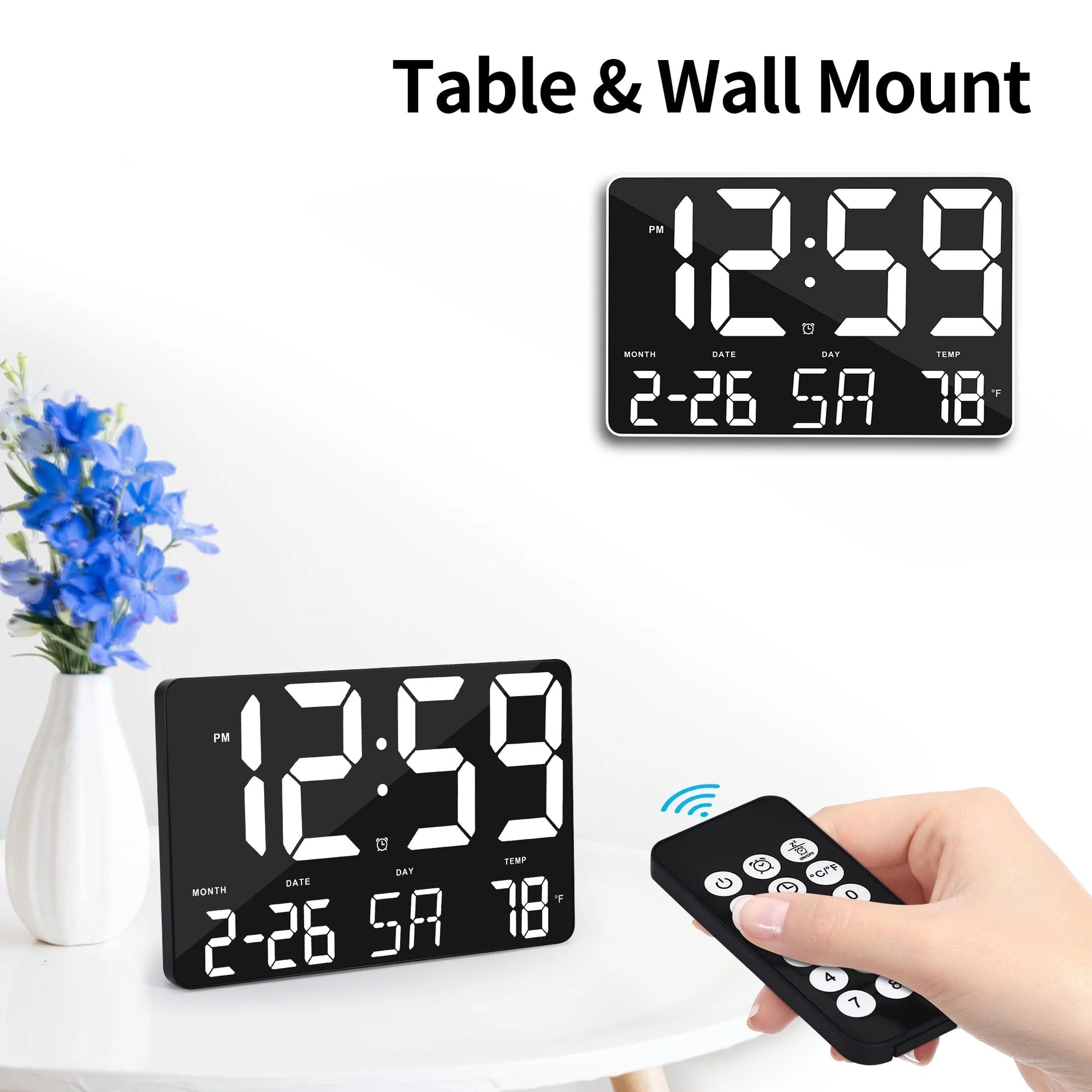Digital Wall Alarm Clock, LED Digital Clock Large Numbers Display 11.4"Clocks W/ Wireless Remote Control, Oversized Desk Clock W/Date & Temperature, 12/24H, Snooze for Table&Wall Mount Bedroom Office - Velinare