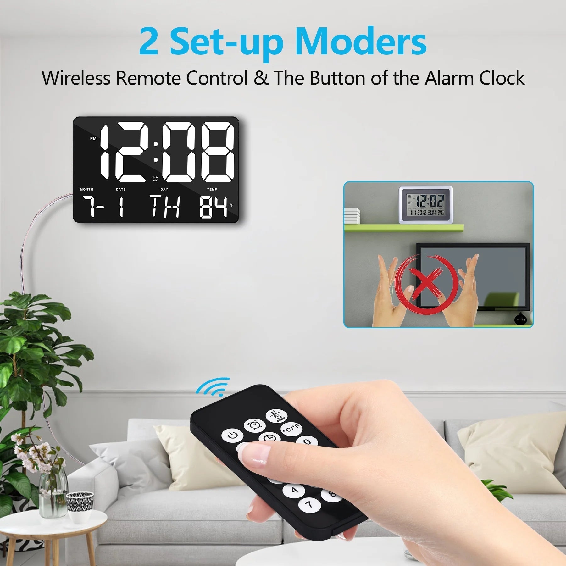 Digital Wall Alarm Clock, LED Digital Clock Large Numbers Display 11.4"Clocks W/ Wireless Remote Control, Oversized Desk Clock W/Date & Temperature, 12/24H, Snooze for Table&Wall Mount Bedroom Office - Velinare