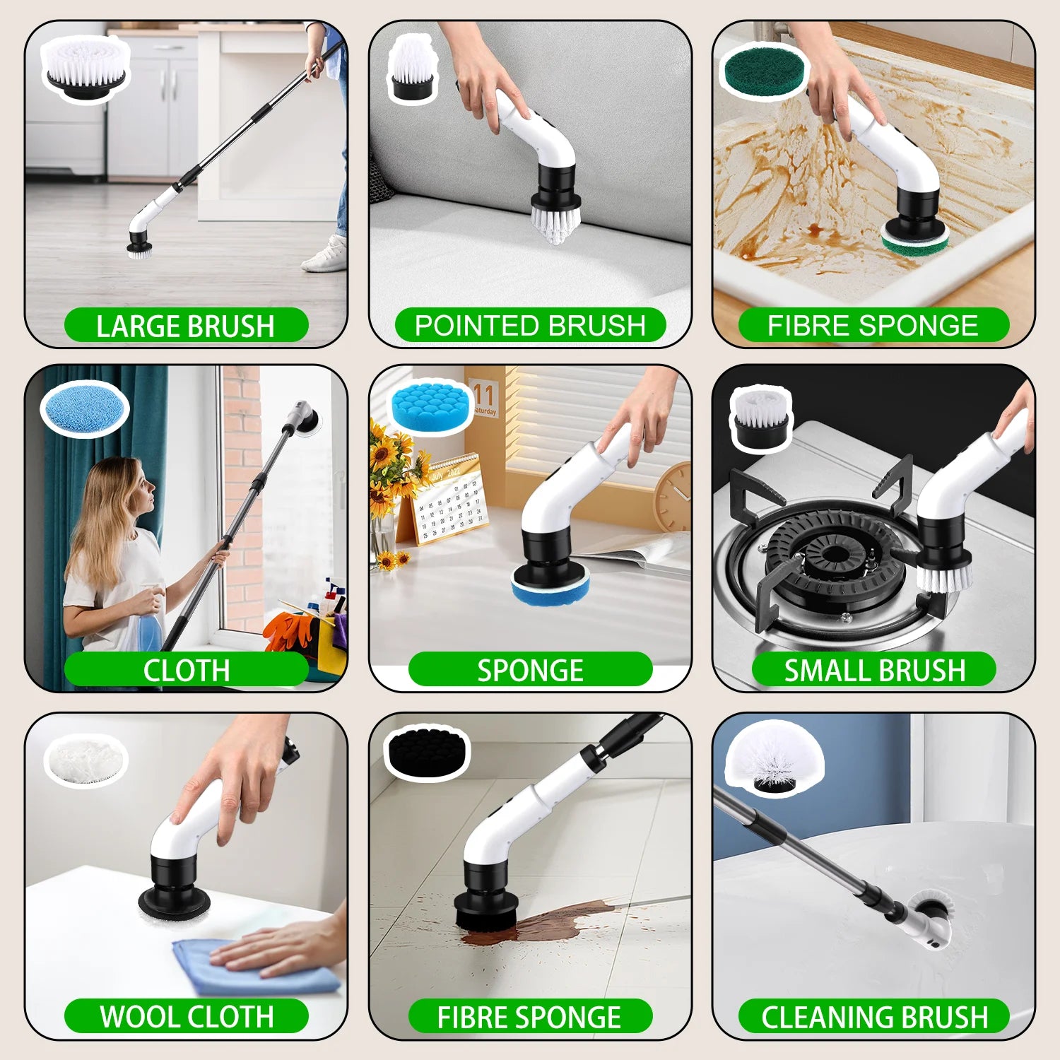 Electric Spin Scrubber, Cordless Bath Tub Power Scrubber with Long Handle & 9 Replaceable Heads, Detachable as Short Handle, Shower Cleaning Scrubber for Tub Floor Tile, Sink, Window, Floor, Car