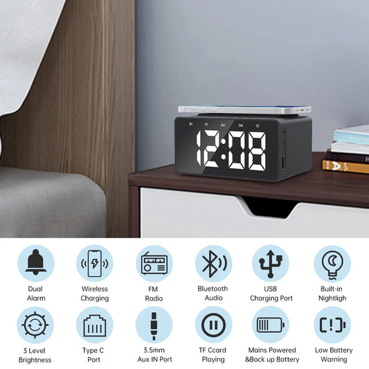 Alarm Clock Radio with Wireless Charging & USB Port, Bluetooth Speaker, Dimmable LED Display with 3 Level, TF Card & Aux Playback, Night Light, Digital Clock for Bedroom(Black)