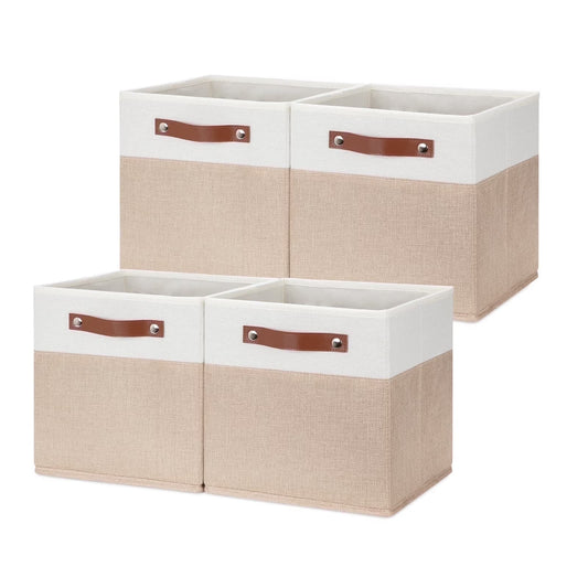 Fabric Storage Baskets Cubes Bins for Shelves, 11 X11 Foldable Storage Bins, Decorative Storage Basket with Leather Handles for Storage Clothes Home Nursery(White Beige - 4Pack) - Velinare