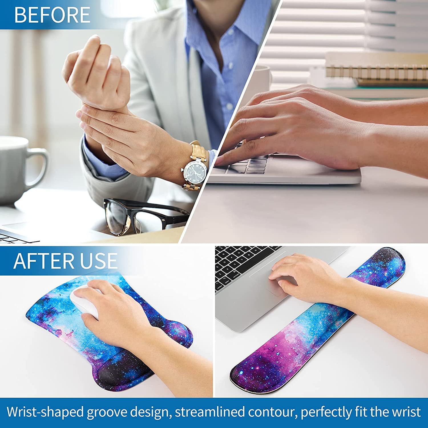 Keyboard Wrist Rest Pad and Mouse Wrist Rest Support Mouse Pad Set,Sturdy & Comfortable & Lightweight for Easy Typing & Pain Relief-Ergonomic Support (Galaxy)
