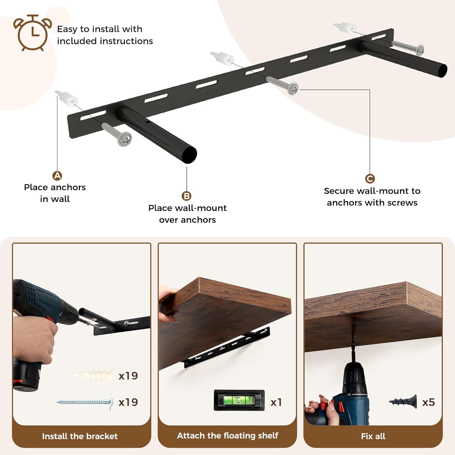 Floating Shelves for Wall, Rustic Wood Wall Mounted Shelves for Bathroom, Bedroo - Velinare