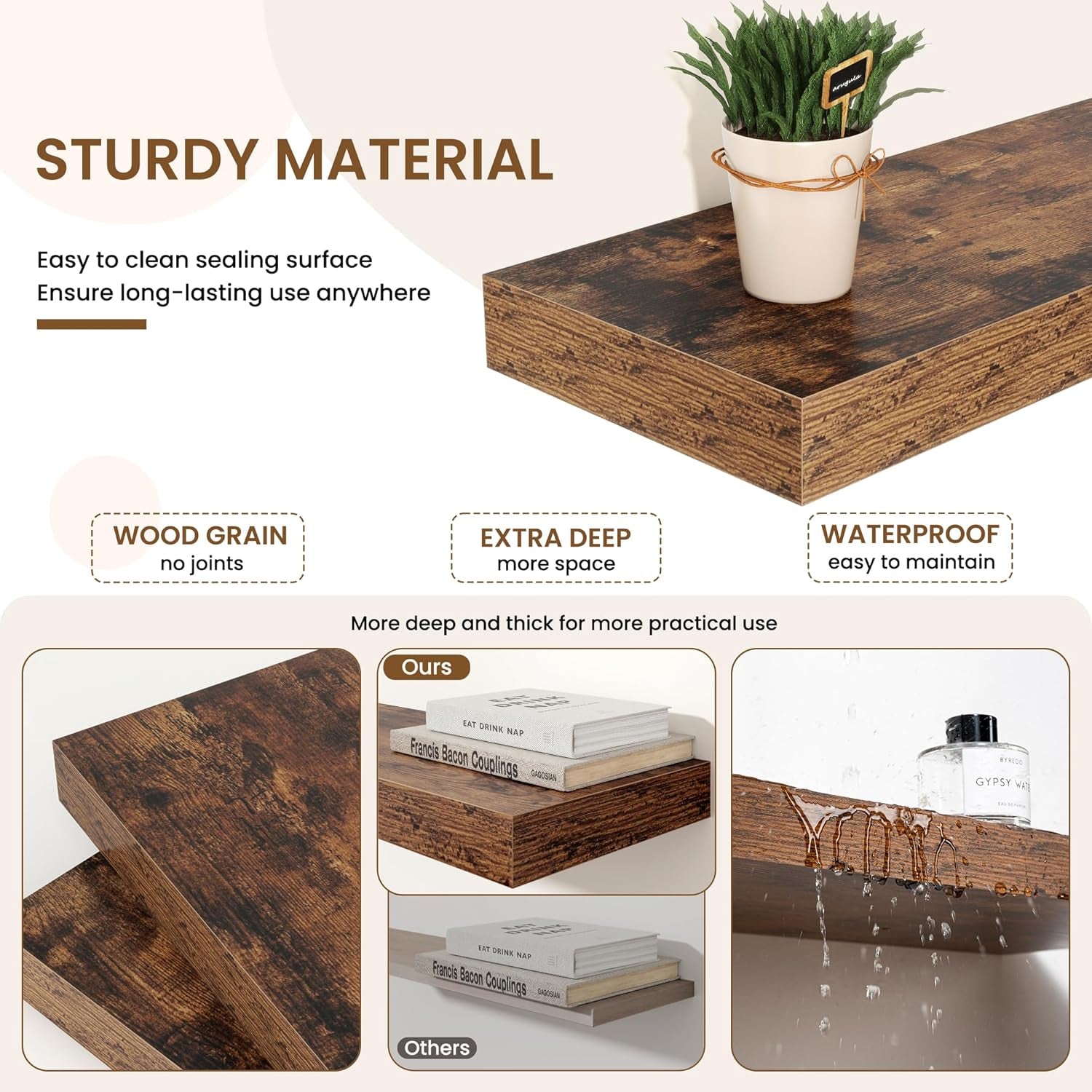 Floating Shelves for Wall, Rustic Wood Wall Mounted Shelves for Bathroom, Bedroo - Velinare