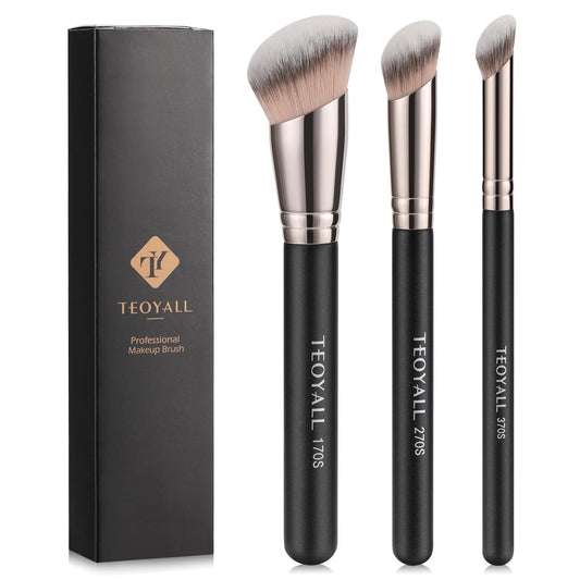 Foundation Contour Conceal Brush Set, 3PCS Angled Synthetic Kabuki Brush for Blending Setting Buffing with Liquid, Cream and Powder Cosmetic (170S/270S/370S) - Velinare