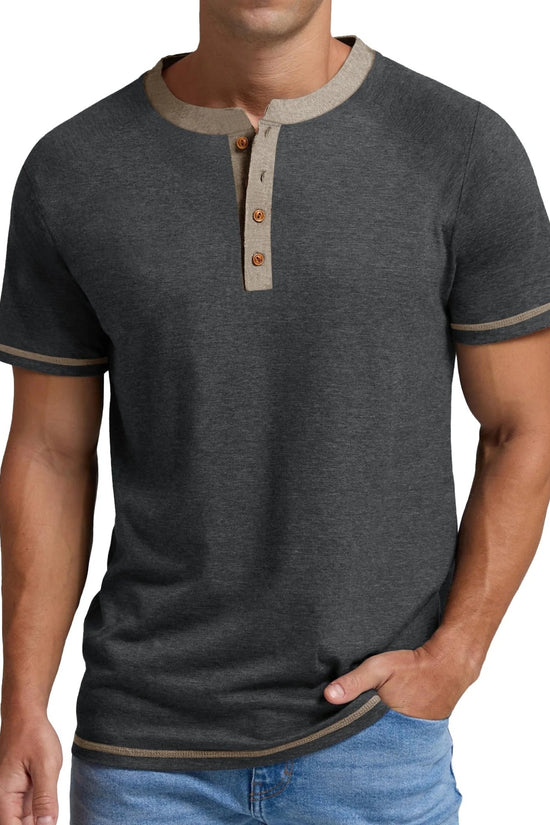 Henley Men Shirts Short Sleeve T Shirts for Men Crew Neck Color Block Men Shirts - Velinare