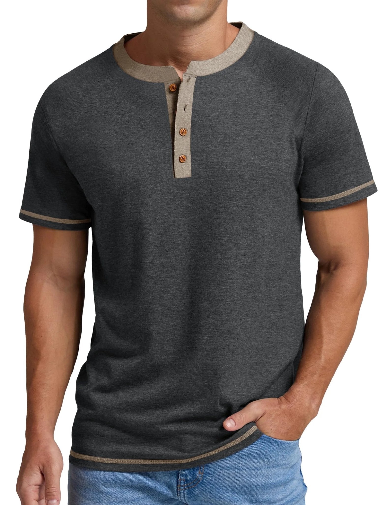 Henley Men Shirts Short Sleeve T Shirts for Men Crew Neck Color Block Men Shirts - Velinare