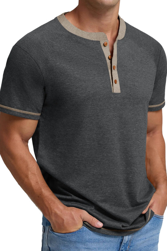 Henley Men Shirts Short Sleeve T Shirts for Men Crew Neck Color Block Men Shirts - Velinare