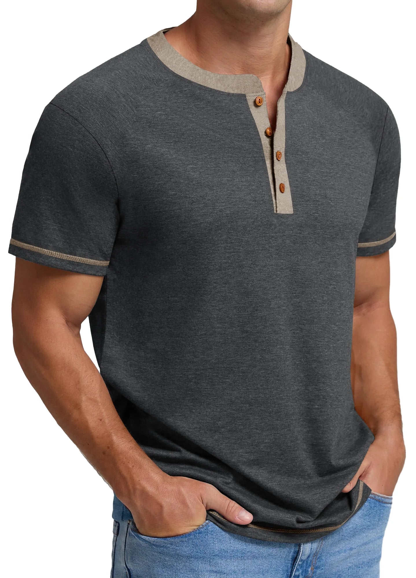 Henley Men Shirts Short Sleeve T Shirts for Men Crew Neck Color Block Men Shirts - Velinare