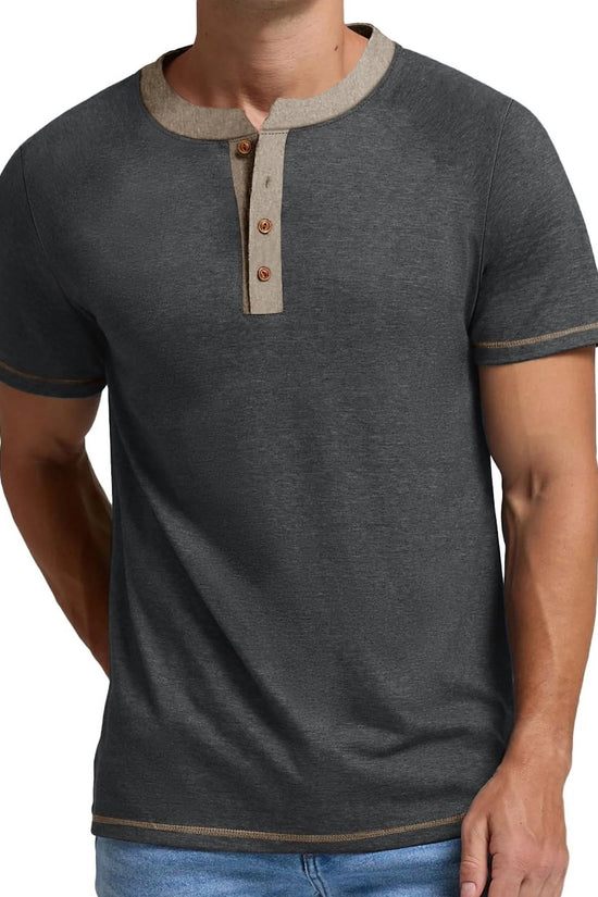 Henley Men Shirts Short Sleeve T Shirts for Men Crew Neck Color Block Men Shirts - Velinare