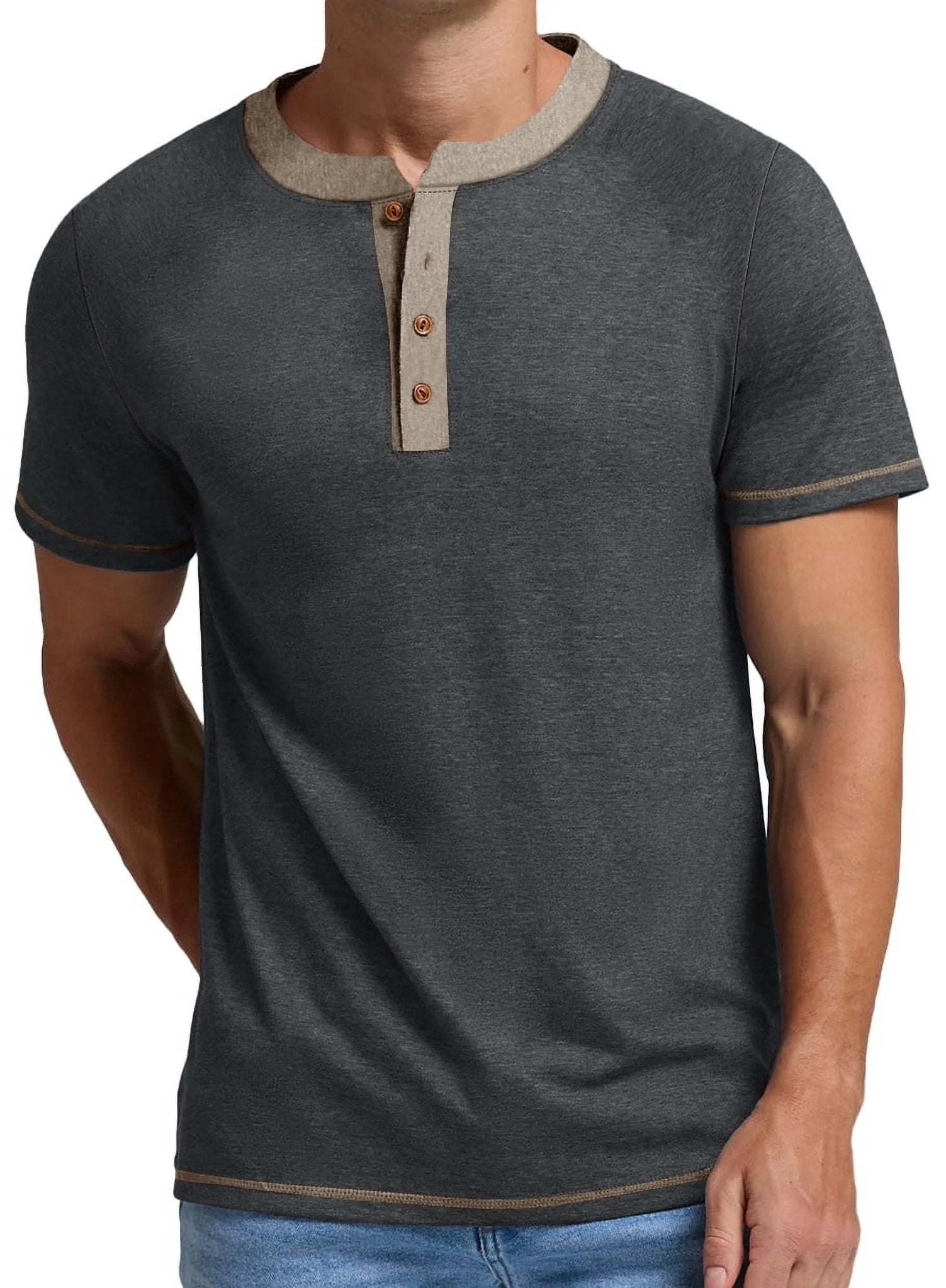 Henley Men Shirts Short Sleeve T Shirts for Men Crew Neck Color Block Men Shirts - Velinare