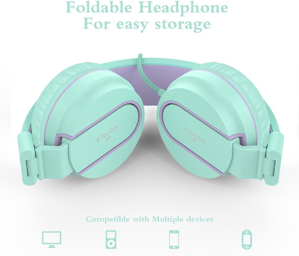 I36 Kids Headphones Children Girls Boys Teens Foldable Adjustable on Ear Headphones 3.5Mm Jack Compatible Cellphones Computer Kindle MP3/4 School Tablet Green/Purple - Velinare