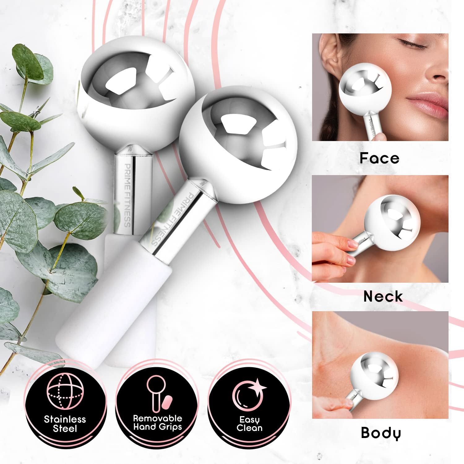 Ice Globes for Facials | Unbreakable Steel Cooling Roller | Cryo Sticks for Face | Massager for Face Neck & Eyes | Skin Care for Dark Circles, Puffiness, Wrinkles, Collagen Production (White) - Velinare