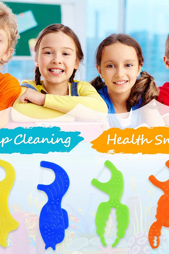 Kids Flossers, Kids Dental Floss Picks without Fluoride, Unflavored, 4 Colors Ocean Animals Shaped Makes Flossing Fun, 50 Count - Velinare
