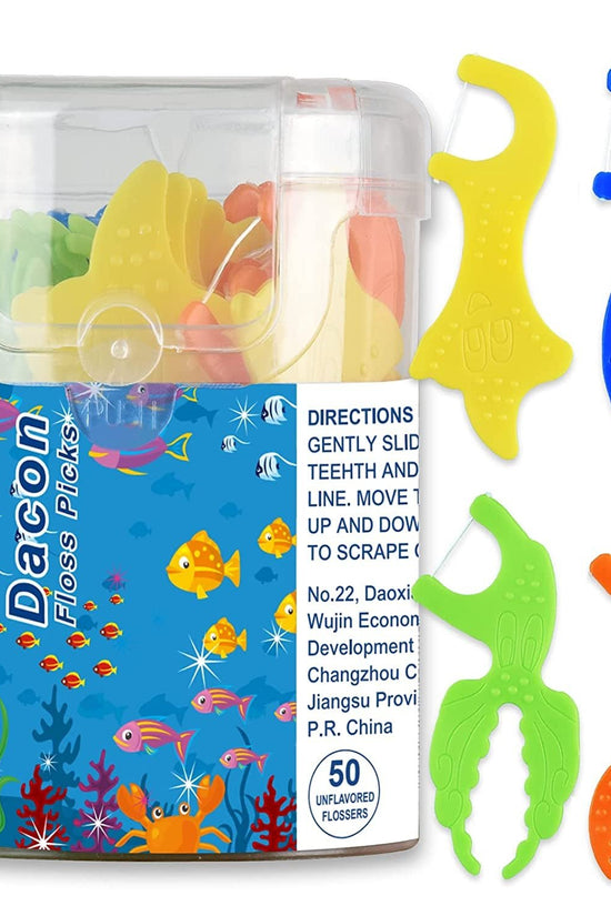 Kids Flossers, Kids Dental Floss Picks without Fluoride, Unflavored, 4 Colors Ocean Animals Shaped Makes Flossing Fun, 50 Count - Velinare