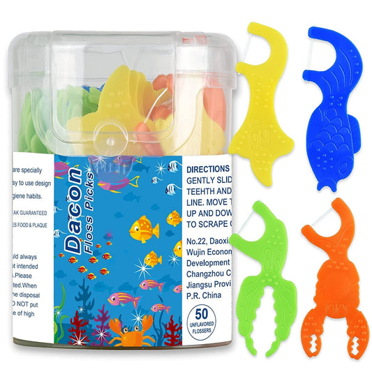Kids Flossers, Kids Dental Floss Picks without Fluoride, Unflavored, 4 Colors Ocean Animals Shaped Makes Flossing Fun, 50 Count - Velinare